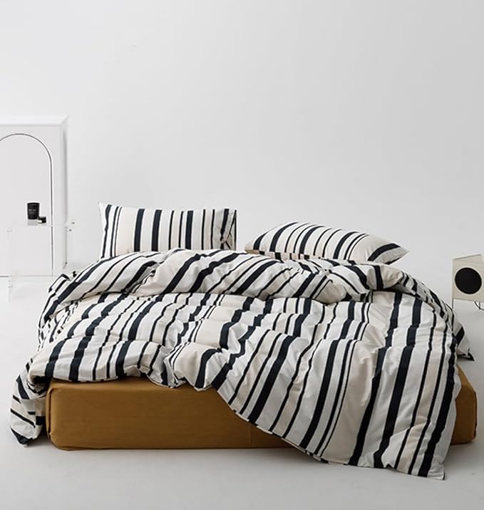 KAREVER Striped Comforter Set Twin Black and White Comforter Men Women Modern Chic Stripes Bed Comforters Beige Black Striped Twin Ticking Bedding Comforter Set All Season Hotel Quality Bed Set