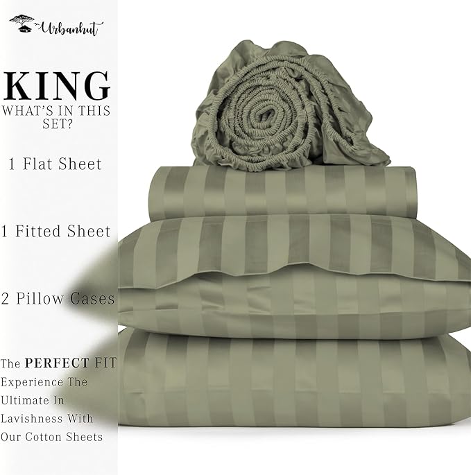 URBANHUT 1000 Thread Count Damask Striped King Size Egyptian Cotton Sheets, Long Staple Soft & Breathable, 4 Pc Bed Sheet Sets, Luxury Hotel Sateen Sheets Fits 16" Deep Pocket - Sage