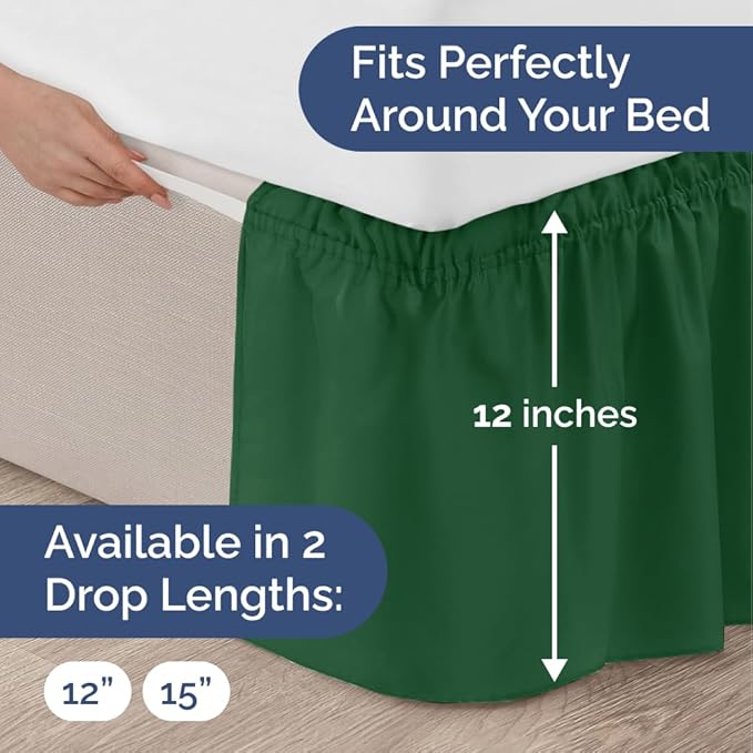 Wrap Around Dust Ruffle Bed Skirt - Emerald - for King Size Beds w/ 12 Inch Drop - Easy Fit Elastic Strap - Adjustable Pleated Bedskirt w/Brushed Fabric - Wrinkle Free - for Women, Men, Kids & Teens