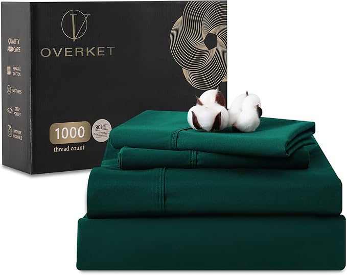 100% Egyptian Cotton Sheets King Size 1000 Thread Count Sateen Weave Soft Breathable 16-Inch Deep Pocket 4PCS（King,Dark Green）