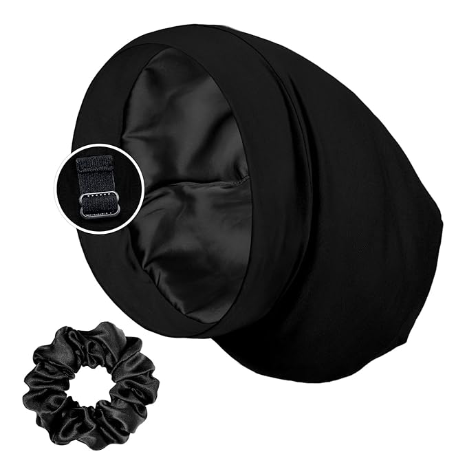 Satin Lined Sleep Cap and Scrunchie for Curly Hair and Braids, Stay On All Night Hair Wrap with Adjustable Strap for Women and Men, Black