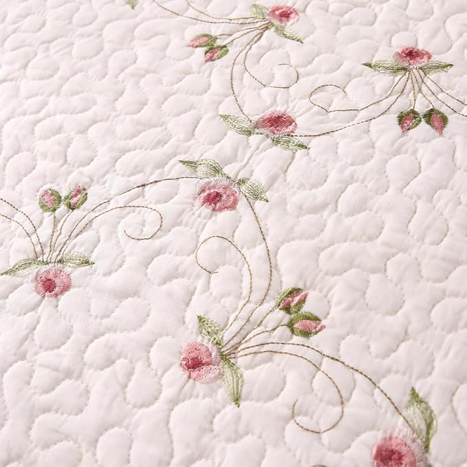 Quilt Set Floral Leaves 3D Embroidery Pattern 2 PCS Cotton Reversible Quilted Embroidered Decorative Bedspreads Coverlet Set, Lightweight &Soft Queen Size Beige Bedding Coverlet for All Season