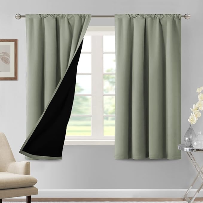 H.VERSAILTEX 100% Blackout Curtains for Bedroom 42 Inches Wide Thermal Insulated Blackout Curtains 63 Inches Long Rod Pocket Curtains with Black Liner 2 Panels Set, Light Sage