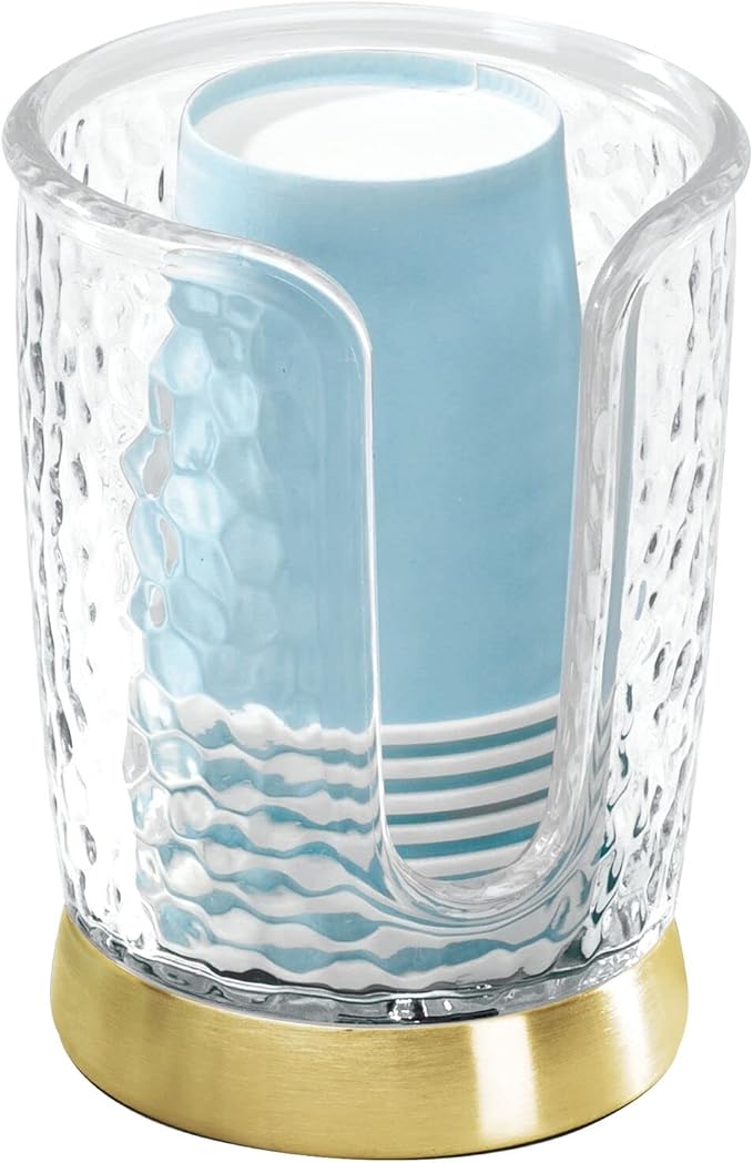mDesign Plastic/Steel Compact Small Disposable Paper Cup Dispenser Storage Holder for Rinsing Cups on Bathroom Vanity Countertops - Rain Collection - Clear/Soft Brass