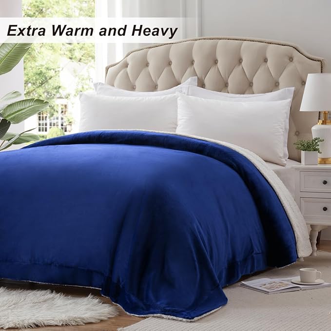 KAWAHOME Sherpa Fleece Throw Blanket for Bed - Extra Warm and Heavy Thick Throw Blankets for Winter, Super Soft 500GSM Plush Blanket, 50"X 60" Navy Blue