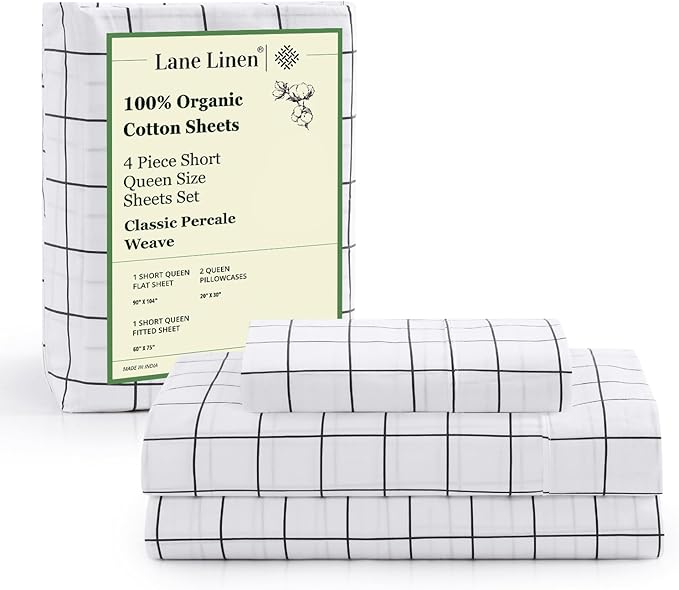 LANE LINEN 100% Organic Cotton Sheets RV Queen, 4-Piece Bed Sheets Short Queen Size Cotton, Luxury Sheets, Percale Weave,Breathable Bed Sheets RV Queen Size Deep Pockets Fits Upto 15" - Windowpane
