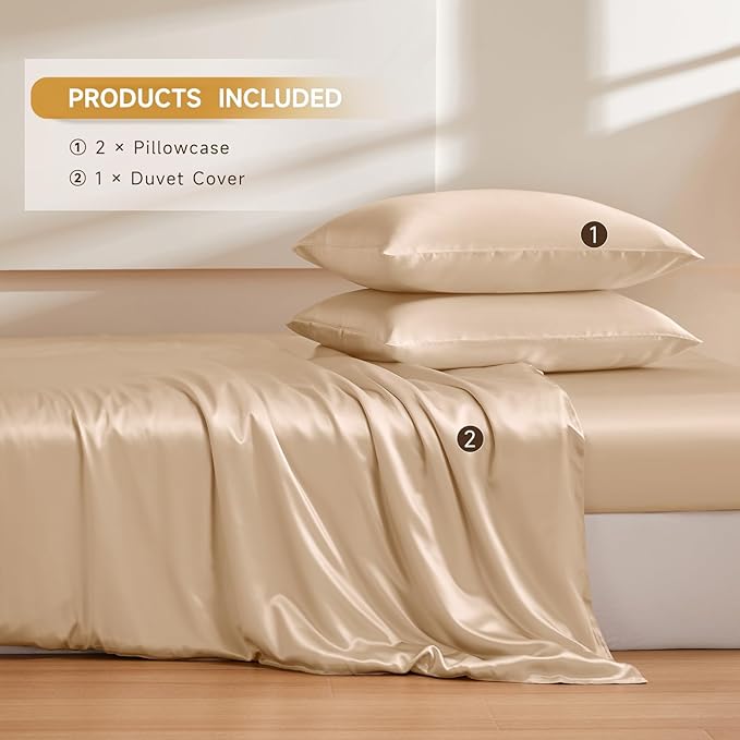 THXSILK 100% Pure Mulberry Silk Duvet Cover Set 3 Piece, 6A+ Grade Luxury Soft Bedding Silk Sheets for Hair and Skin, 1 Pcs Duvet/Quilt/Comforter Cover with 2 Zippered Pillowcases (Champagne, Full)