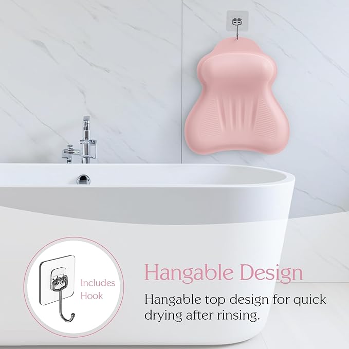 Silicone Bath Pillow, New Material Bath Pillows for Tub Head Neck and Back Support, Bath Tub Pillow with 4D Press Inflatable Airbag and Non-Slip Strong Suction Cups, Quick-Drying, Easy to Store, Pink