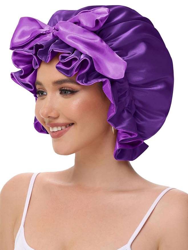 Cute Adjustable Silk Bonnet for Sleeping Double Layer Satin Cap Hair Sleep Bonnet for Curly Hair Purple
