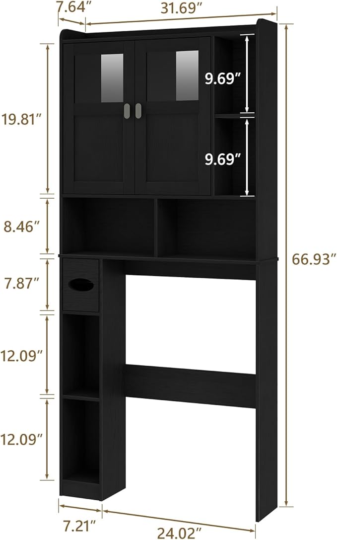 Vabches Over The Toilet Storage Cabinet, Bathroom Shelf Over Toilet with Glass Doors and Adjustable Shelves, Black Freestanding Home Space Save Toilet Rack, for Restroom, Bathroom, Laundry