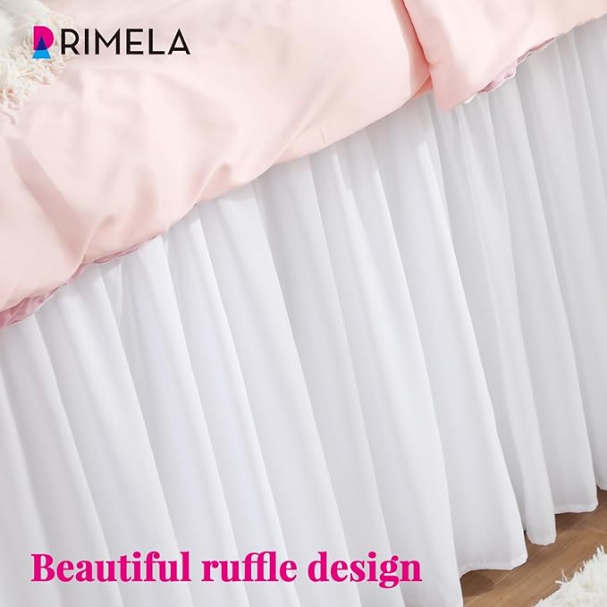 RIMELA Dorm Bed Skirt Twin XL 46 Inch Drop, Easy to Install Extra Long Wrap Around Elastic Dust Ruffle, White Bedskirt Solid Silky Fabric Machine Washable (Twin XL 80“L x 39”W & Twin 75“L x 39”W)