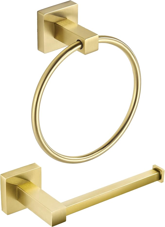 FORBATH Gold Toilet Paper Holder Towel Ring, Brushed Gold Bathroom Hardware, Hand Towel Holder Toilet Tissue Roll Holder Set, Wall Mount SUS304 Stainless Steel Bath Accessories, 2pcs