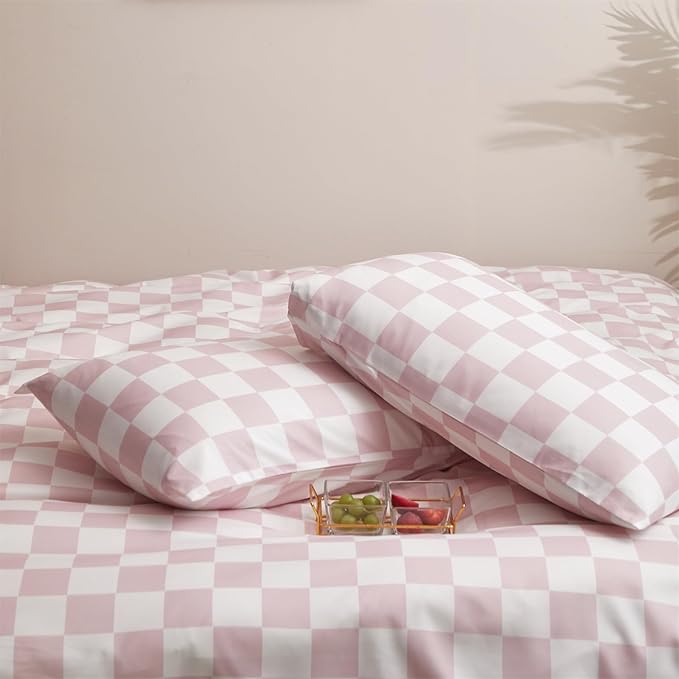 KAREVER Pink White Grid Comforter Set King Pink Plaid Bedding Set Women Pink and White Checkered Bed Comforter Set Breathable Blanket Set Men Durable Bedding Comforter Set