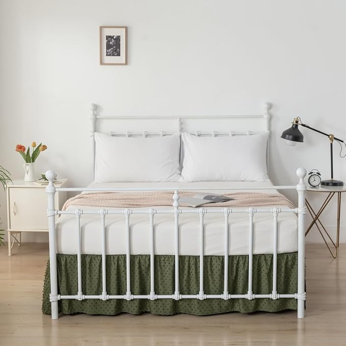 Tufted Dot Bed Skirt King Size Ruffled Bed Skirt with Split Corners, 18 Inch Drop Dust Ruffle Bed Skirts with Platform, Olive Green
