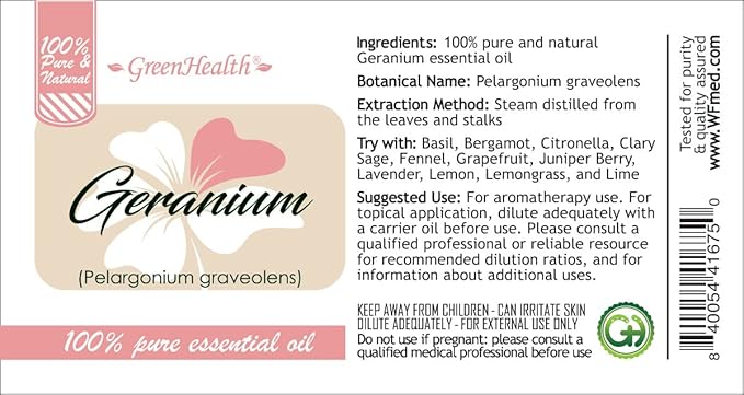 Geranium Essential Oil - 128 fl oz (1 Gallon) Plastic Bottle w/Cap - 100% Pure Essential Oil by GreenHealth