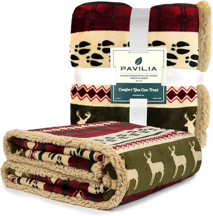 PAVILIA Christmas Sherpa Blanket Throw King Bed| Red Flannel Fleece Christmas Decoration Blanket| Plush, Warm, Soft Cozy Reversible Winter Holiday Blanket 90x108