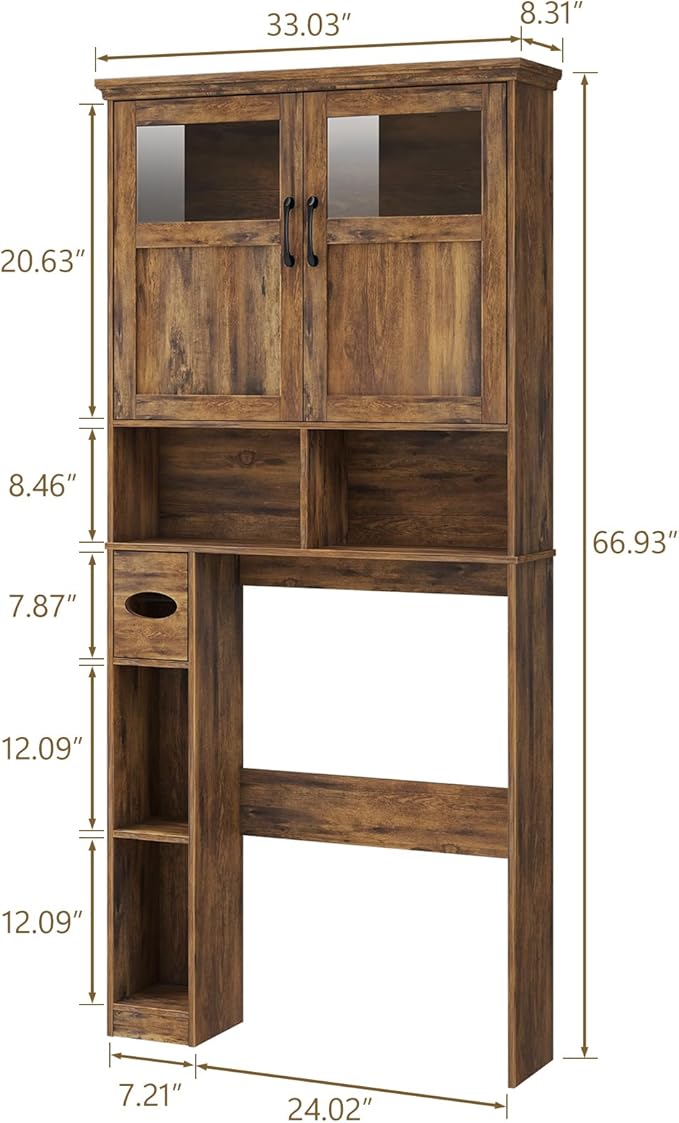 Vabches Over The Toilet Storage Cabinet With Double Doors & Paper Holder Stand, Freestanding Shelf Space Saver With Anti-Tip Design & Adjustable Shelf, Brown