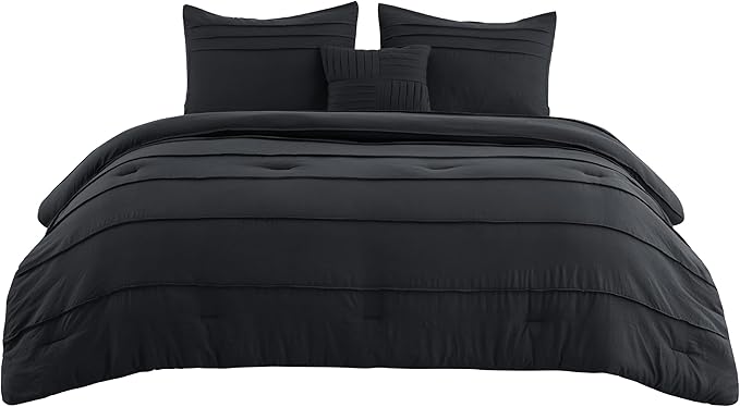 Bedsure King Comforter Set - 4 Pieces Pinch Pleat Bed Set, Black Boho Bedding for All Season, 1 Soft Comforter, 2 Pillowcases, 1 Decorative Pillow
