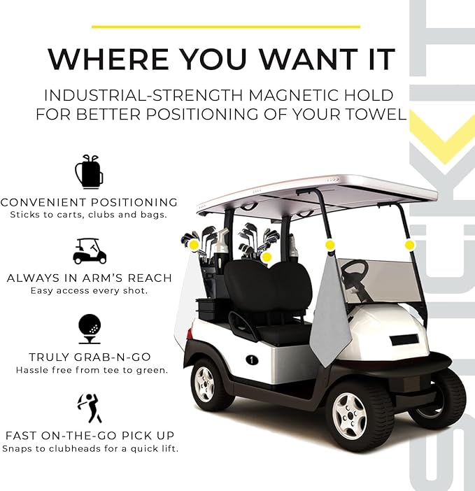STICKIT Magnetic Towel, Black | 2-Pack | Top-Tier Microfiber Golf Towel with Deep Waffle Pockets | Industrial Strength Magnet for Strong Hold to Golf Carts or Clubs