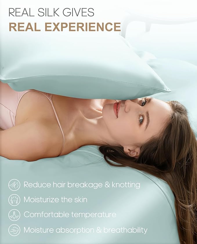 THXSILK Set of 2 Silk Pillowcase for Hair and Skin, 100% Mulberry Silk Bed Pillowcase 22 Momme, Hypoallergenic Soft Breathable Silk Pillow Case with Hidden Zipper, King Size 20"x36", Light Blue