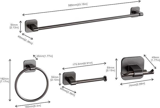Bathroom Accessories Set, 4 Pieces Bathroom Hardware Set, 24 inch Towel Bar, Towel Racks, Robe Towel Hooks, Toilet Paper Holder Wall Mounted Or Self-Adhesive,Stainless Steel and Plastic (Gray)