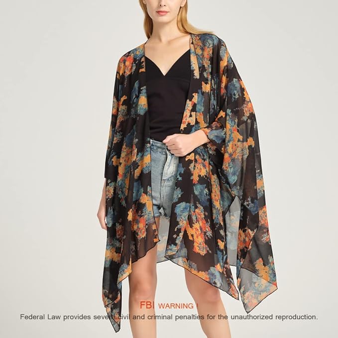 Women's Bohemian Floral Chiffon Beach Cover up Swimsuit Kimono Summer Swimwear Cardigans