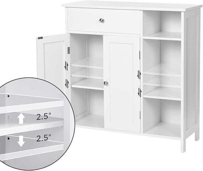 VASAGLE Floor Storage Cabinet with Drawer, Freestanding Cabinet with Doors, 3 Open Compartments, Adjustable Shelves, 11.8 x 29.5 x 31.5 Inches, for Bathroom, Living Room, Cloud White UBBC142W01