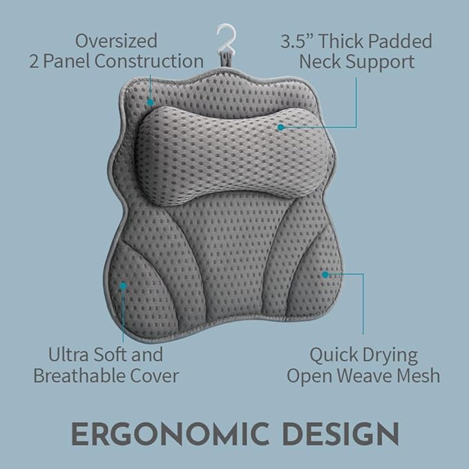 WONDERfoam Thick Padded Ergonomic Bath Pillow for Tub, Bathtub Headrest Neck and Back Support, Strong Suction Cups, Machine Washable Breathable Mesh Quick Dry Pillows, Luxury Spa Accessories, Gray