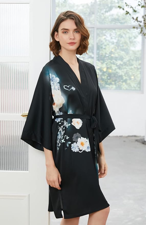 Ledamon Women's Kimono Short Robe - Classic Floral Bathrobe Nightgown