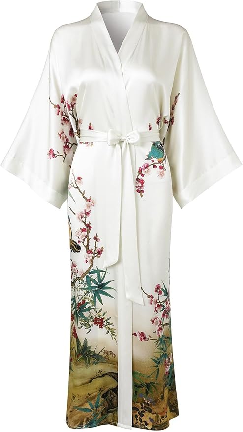 Women's Silk Kimono Robe Long Bathrobe Nightgown 100% Mulberry Silk for Women - Classic Floral Pattern