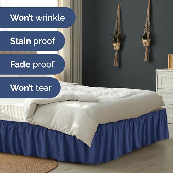 Wrap Around Dust Ruffle Bed Skirt - Navy Blue - for Twin Size Beds w/ 16 Inch Drop - Easy Fit Elastic Strap - Adjustable Pleated Bedskirt with Brushed Fabric, Wrinkle Free Women, Men, Kids and Teens