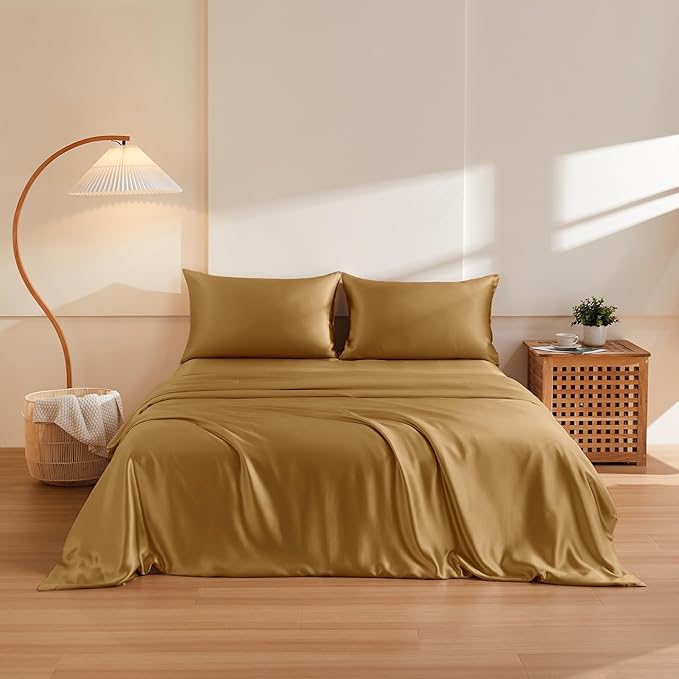 THXSILK 100% Pure Mulberry Silk Duvet Cover Set 3 Piece, 6A+ Grade Luxury Soft Bedding Silk Sheets for Hair and Skin, 1 Pcs Quilt/Comforter Cover with 2 Zippered Pillowcases (Metallic Gold, Cal. King)