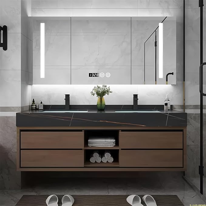 72IN Double Sink Bathroom Vanity, Floating Modern Bathroom Vanity Include Smart Defog Mirror Cabinet with LED Light, Solid Wood Vanities with Integrated Sink and Drawers Storage