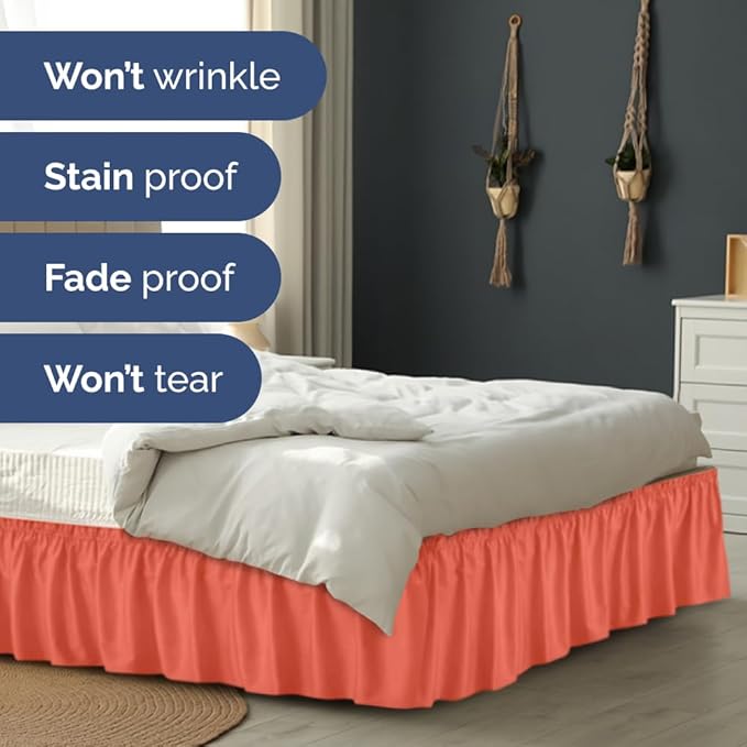 Wrap Around Dust Ruffle Bed Skirt - Coral - Twin/Twin XL Size Beds with 18 Inch Drop - Easy Fit Elastic Strap - Adjustable Pleated Bedskirt w/Brushed Fabric - Wrinkle Free - Women, Men, Kids & Teens