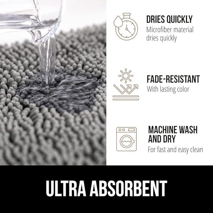 GORILLA GRIP Bath Rug Mat 36x24, Thick Soft Absorbent Chenille, Quick Dry Microfiber Mats, Rubber Backing Washable Shower Floor Rugs, Bathmat Runner, US Designed Bathroom Home Decor Accessories Grey