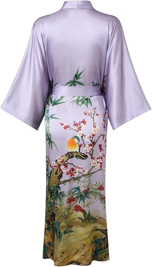 Women's Silk Kimono Robe Long Bathrobe Nightgown 100% Mulberry Silk for Women - Classic Floral Pattern
