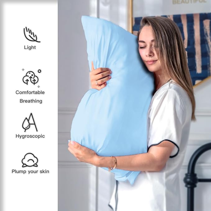 Silk Pillow Cases 2 Pack Soft Breathable and Sliky King Size Pillow Cases Set of 2,Natural Mulberry Satin Silk Pillowcase with Hidden Zipper for Hair and Skin (Sky Blue,20"X 36",2pcs)