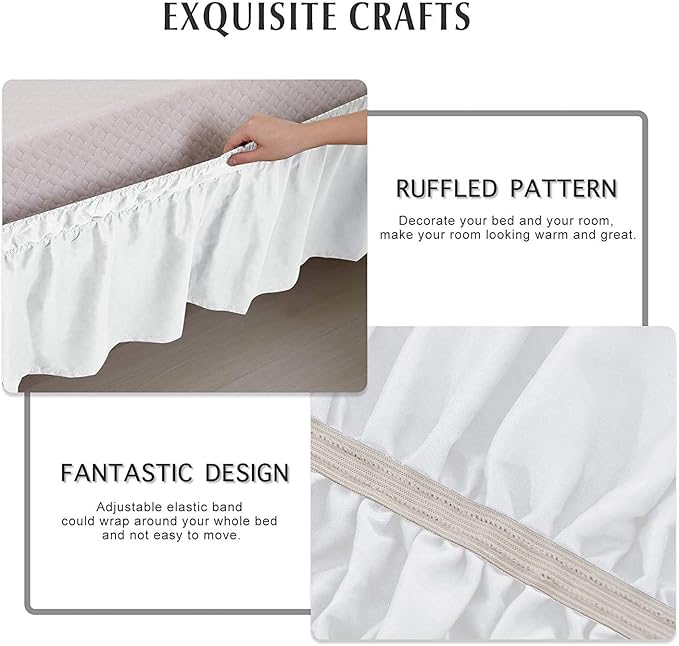MEILA Wrap Around Bed Skirt Three Fabric Sides Elastic Dust Ruffled 18 Inch Tailored Drop,Easy to Install Fade Resistant-White, Queen/King