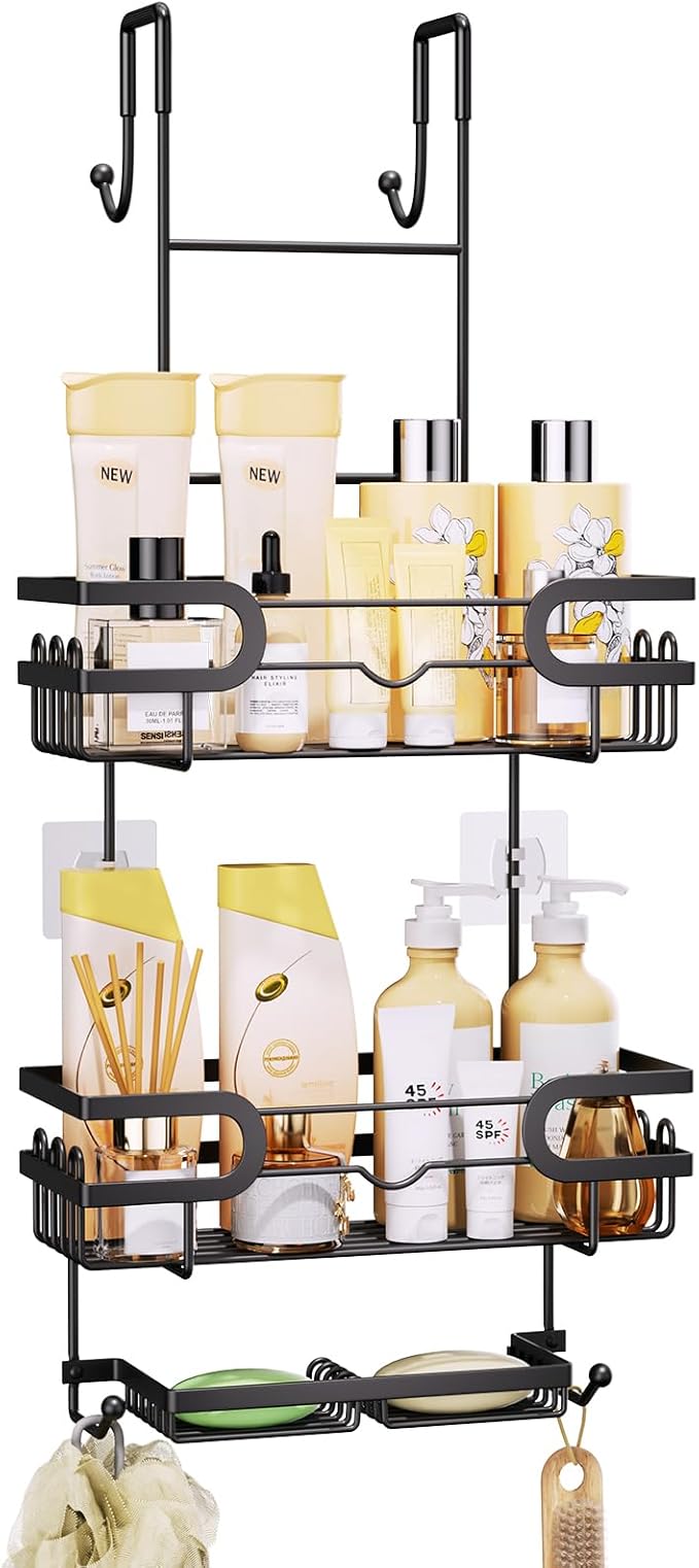 SWTYMIKI Over The Door Shower Caddy With Double Soap Holder, Hanging Shower Caddy With 16 Hooks, No Drilling Hanging Shower Organizer Over Door To Organize Bathroom Essentials, Black