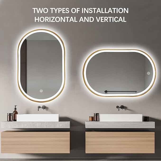 Oval LED Bathroom Mirror, 36"x24" Lighted Wall Mounted Vanity Mirror with Metal Frame, Anti-Fog IP66 Waterproof Smart Mirror, Memory Function, (Horizontal or Vertical), Gold