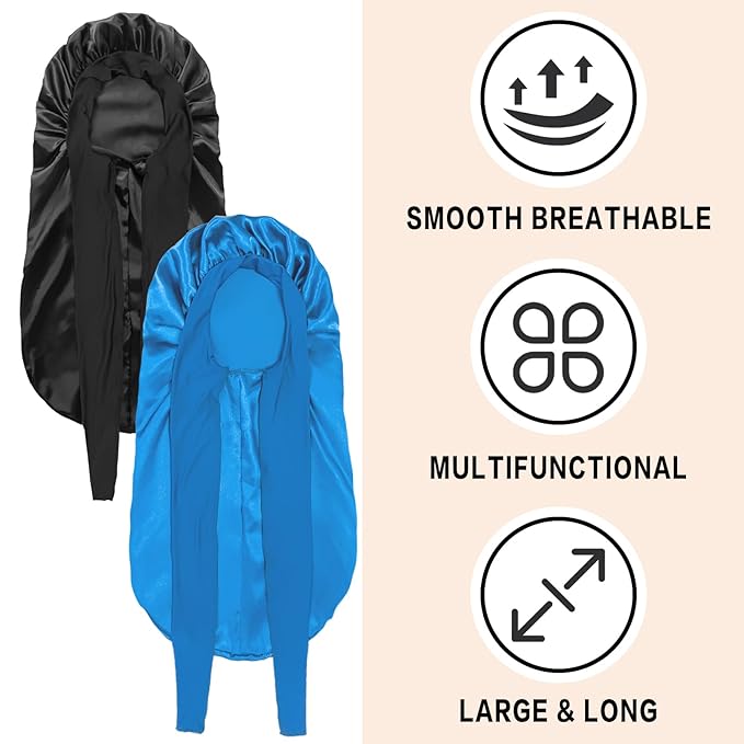 2Pcs Bonnets for Black Women Braid Bonnet, Large Long Satin Bonnet for Braids, Silk Bonnet with Stretchy Tie Band Sleep Cap Hair (2Pcs-Black&Blue)