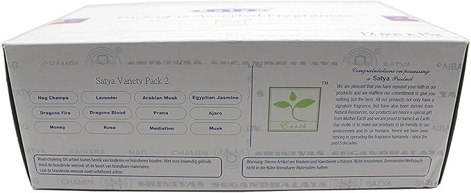 Set of 12 Nag Champa, Lavender, Arabian Musk, Egytian Jasmine, Musk, Dragon's Fire, Dragon's Blood, Prana, Ajaro, Money, Rose, Meditation by Satya Incense Bangalore (BNG)