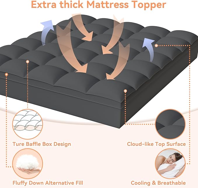 Topllen Twin Mattress Topper for Back Pain Relief, Extra Thick Pillow Top Plush Mattress Pad with Deep Pocket, Soft Pillowtop Twin Size Bed Toppers Filled Fluffy Down Alternative, Gray