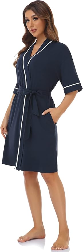 COLORFULLEAF Womens Bamboo Short Robes Lightweight Kimono Cotton Robe Soft Knit Bathrobe Ladies Loungewear with Pockets