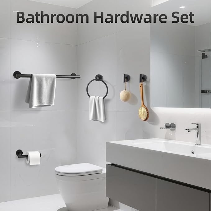 Matte Black Bathroom Hardware Set, Bathroom Towel Holder Bar Set 10 Pieces, SUS304 Stainless Steel Bathroom Towel Rack Set Wall Mounted-16 Inch Towel Bar, Toilet Paper Holder, Towel Hooks, Towel Ring