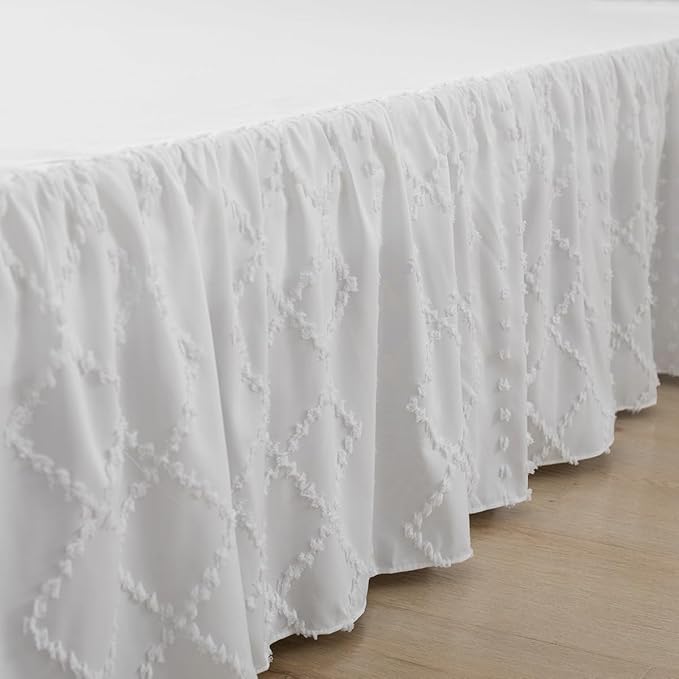 Bed Skirt Full Size Ruffled Bed Skirt with Split Corners, 18 Inch Drop Dust Ruffle Bed Skirts with Platform, Boho Tufted Shabby Chic Full Size Bed Skirts, White