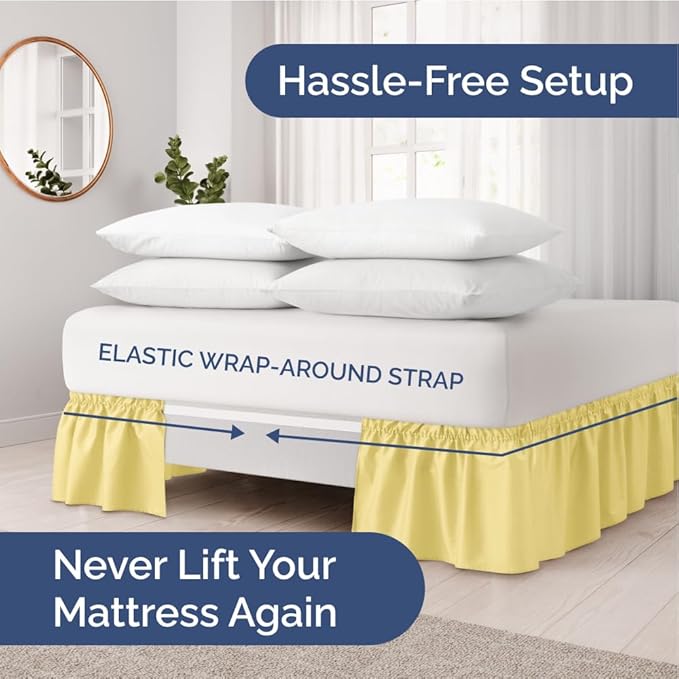 Wrap Around Dust Ruffle Bed Skirt - Yellow - for Full Size Beds with 15 Inch Drop - Easy Fit Elastic Strap - Adjustable Pleated Bedskirt w/Brushed Fabric - Wrinkle Free - for Women, Men, Kids & Teens