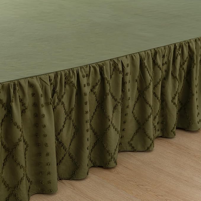 Bed Skirt Full Size Ruffled Bed Skirt with Split Corners, 16 Inch Drop Dust Ruffle Bed Skirts with Platform, Boho Tufted Shabby Chic Full Size Bed Skirts, Olive Green