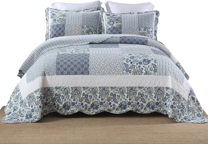 Cotton Bedspread Quilt Bedding Sets 3 Pieces Reversible Coverlet Sets Comforters Vintage Floral Patchwork Blue Bedspread (Blue Vintage Floral, King Size)