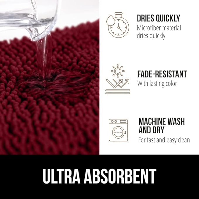 GORILLA GRIP Bath Rug Mat, Soft Absorbent Chenille, Quick Dry Microfiber Mats, Rubber Backing Washable Shower Floor Rugs, Bathmat Runner, US Designed Bathroom Home Decor Accessories 24x17, Burgundy